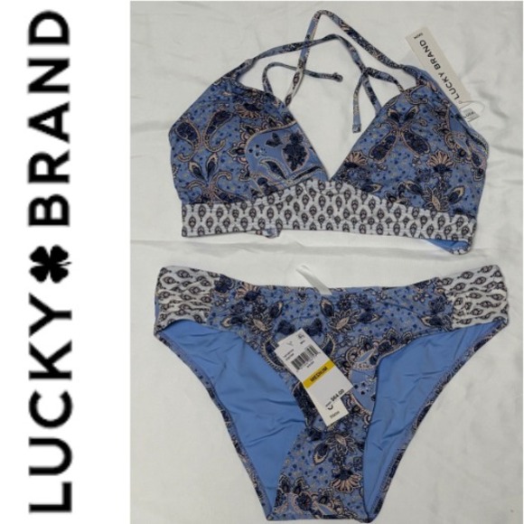 Lucky Brand Blue Paisley Halter Bikini Swimsuit Set Womens Medium NWT